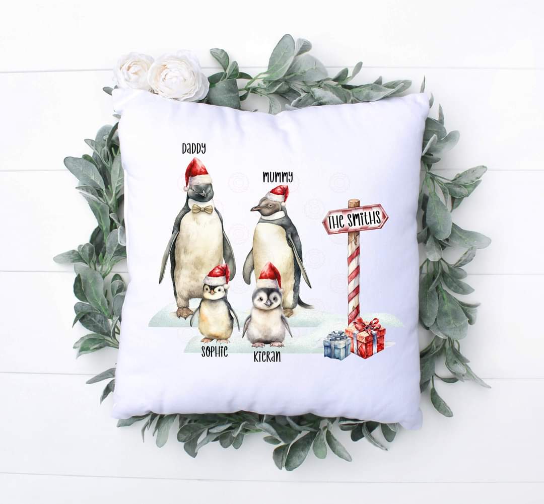 Personalised penguin family cushion