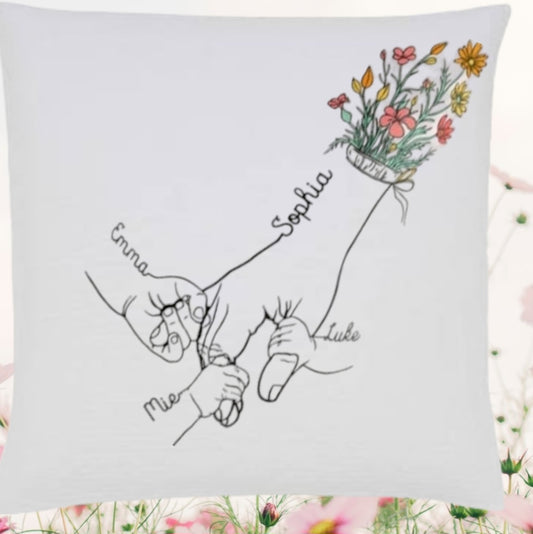 personalised family hands floral cushion