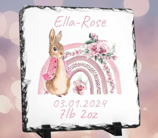 new baby girl pink peter rabbit slate