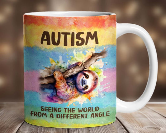 sloth print autism awareness mug