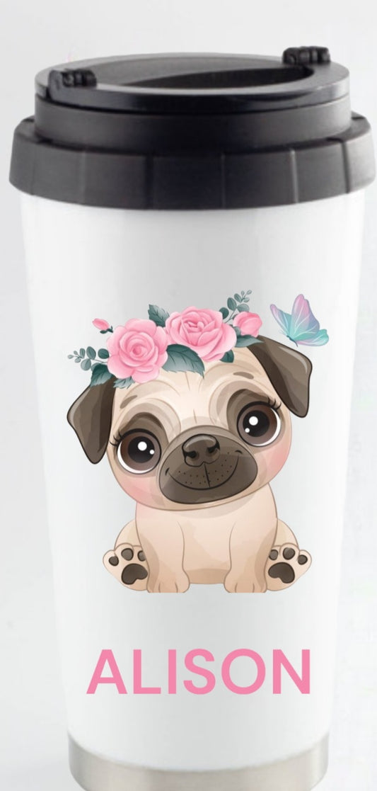 Floral pug insulated travel cup